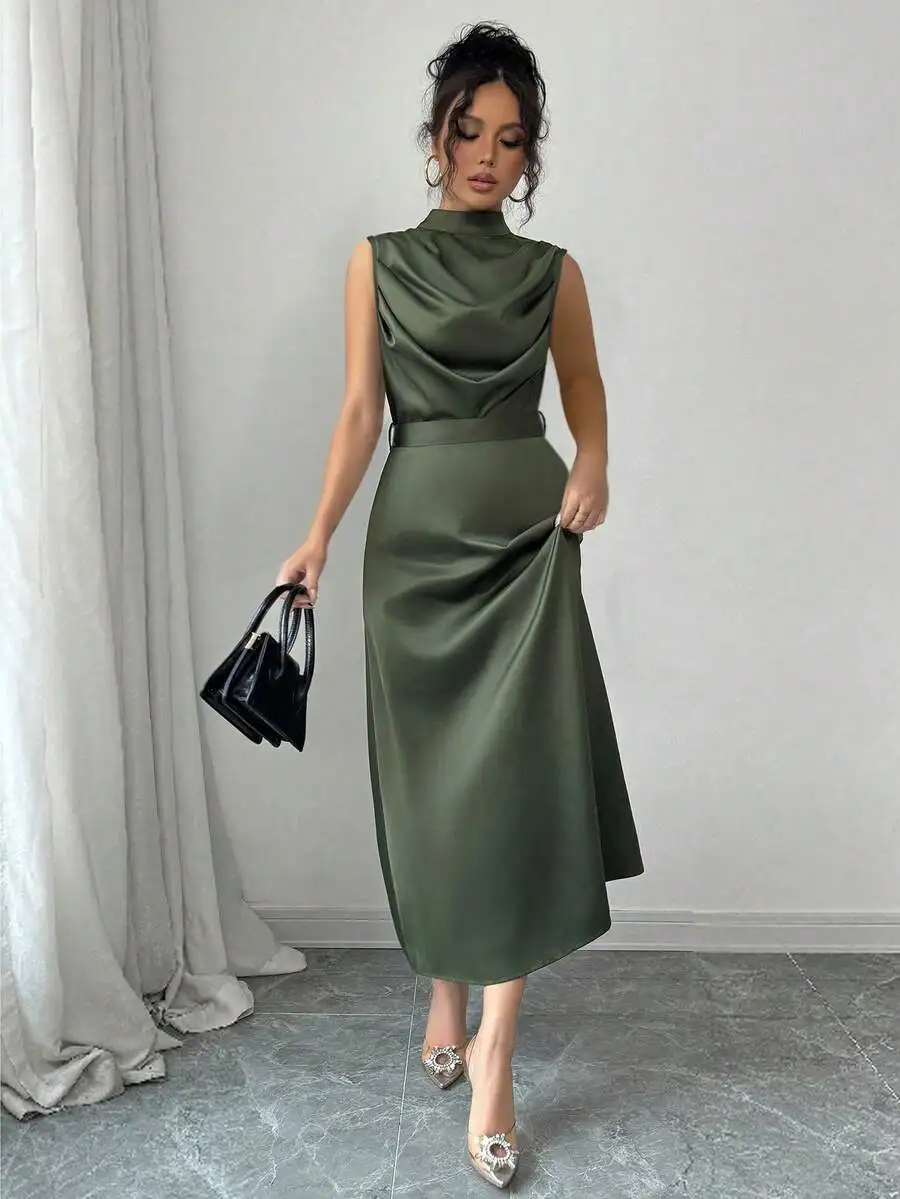 Elegant Sleeveless High Neck Satin Long Dress With Draped Bust And Fitted Waist Sage Green view 6