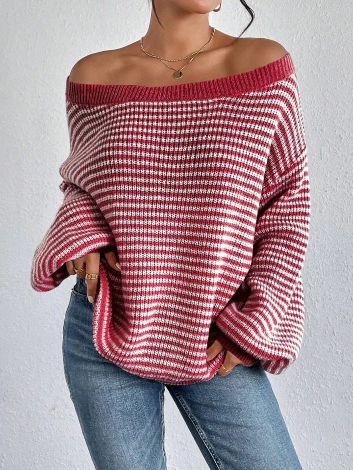 

Casual Striped Sweater Autumn Winter New Off Shoulder Word Collar Long Sleeved Knitted Pullover Fashion Loose Warm Top Women