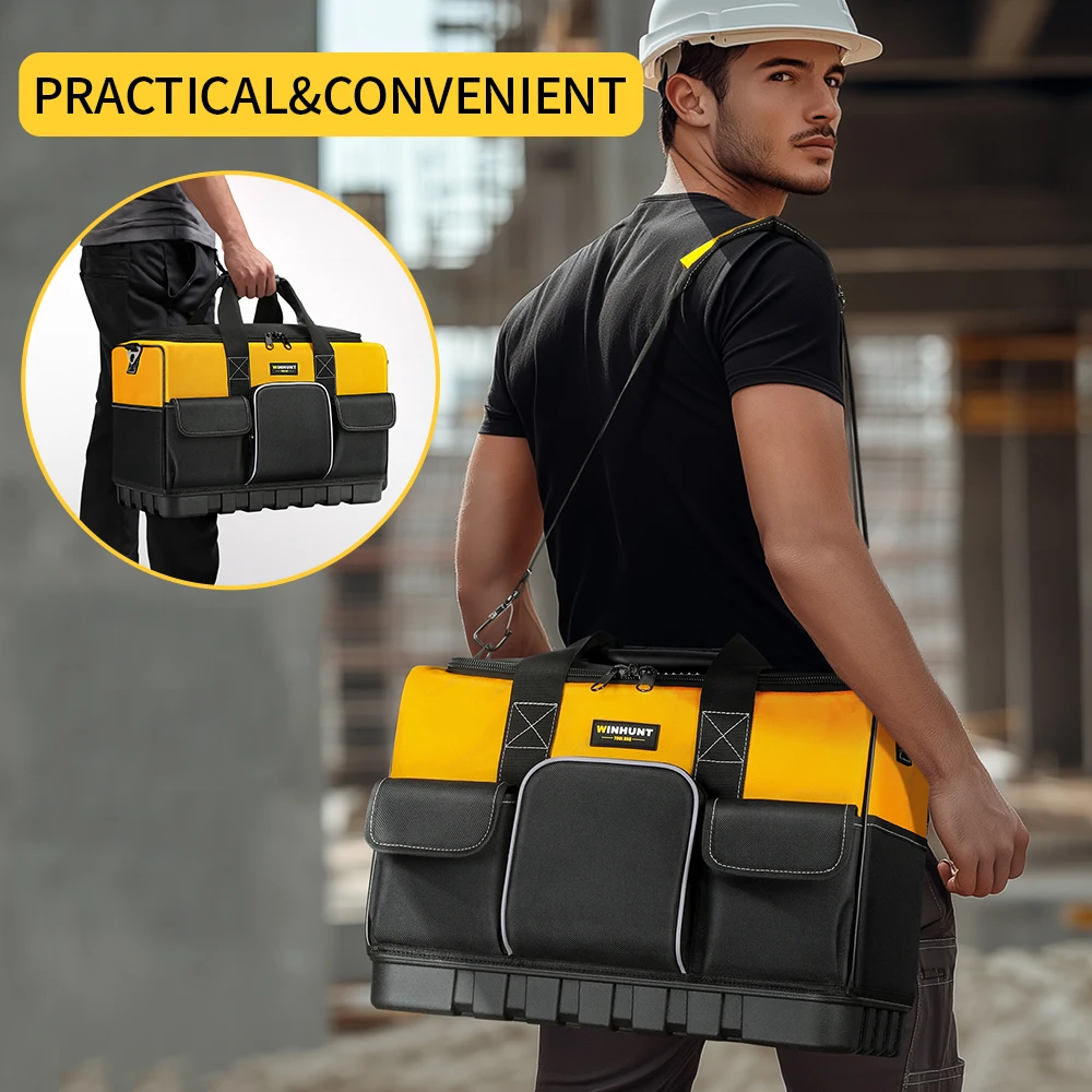 WINHUNT Heavy-Duty Tool Bag with Wide Mouth & Waterproof Base - Adjustable Shoulder Strap, Durable Polyester, Yellow/Black