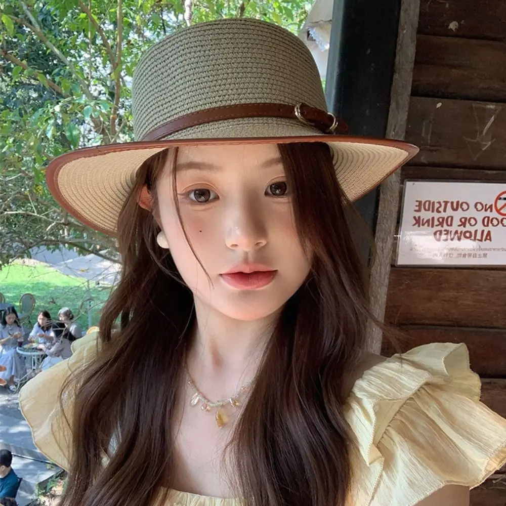 

Retro Korean Style Straw Woven Hat Flat Brim Wide Brim Women's Sun Hat Sunscreen Concave Top Panama Hat Ladies