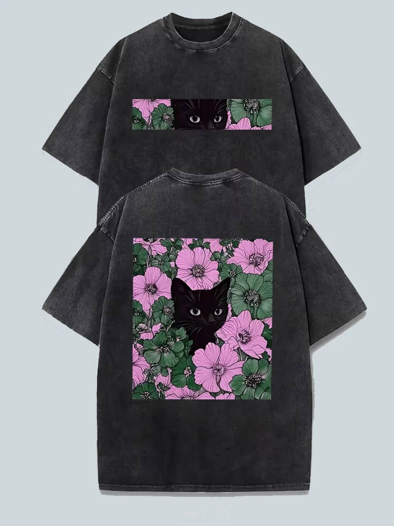 T-Shirt mit floraler Grafik einer versteckten schwarzen Katze vorne und hinten, Vintage-gewaschener Rundhalsausschnitt, lockeres, lässiges Kurzarm-Oberteil im täglichen Street-Style – Detail 3