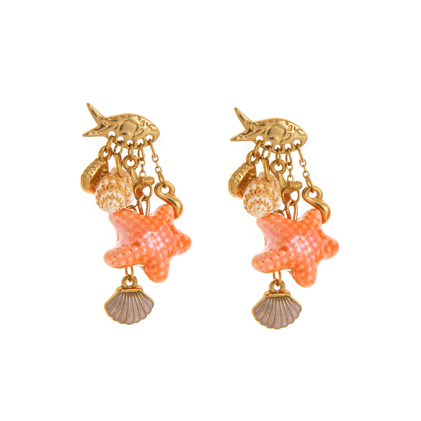 الفولاذ المقاوم للصدأ سلسلة المحيط محارة نجم البحر شل أقراط الأسماك الصغيرة أقراط مطلية بالذهب