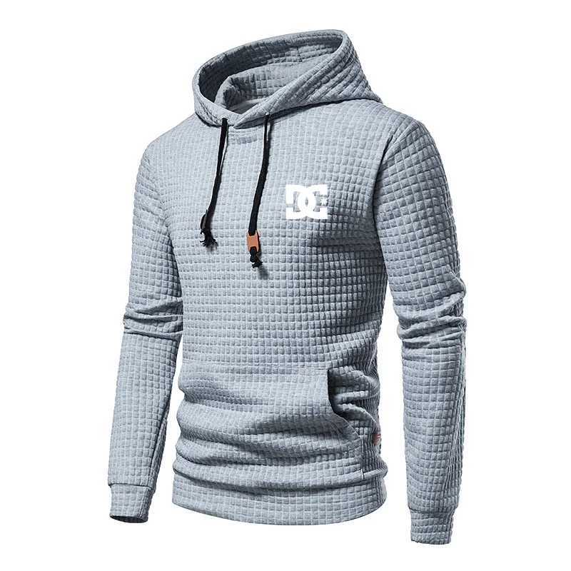 New European Men\'s DC Printed Casual Large Pocket Hoodie Pullover With Small Checkered Jacquard Solid Color Loose Plus Size