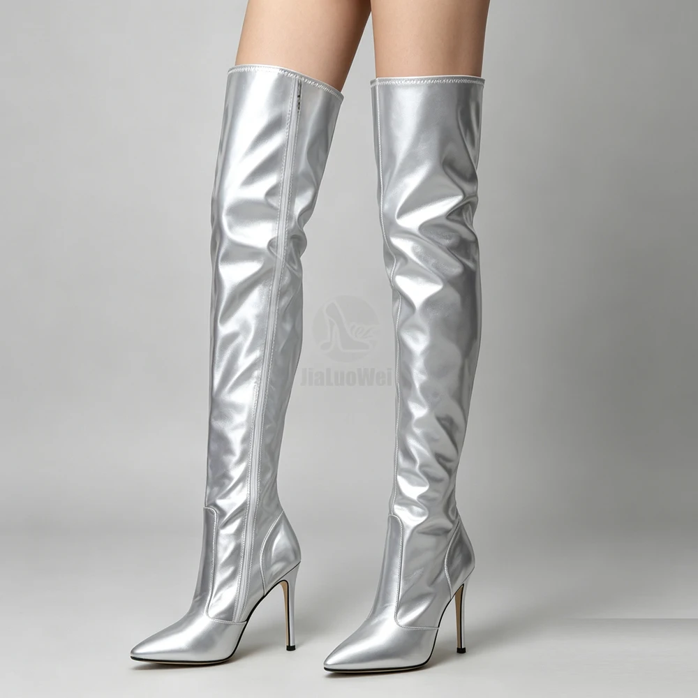 jialuowei Thigh High Boots Stiletto Heels Sexy Full Zipper Over-the-knee Long Boots Lacquered Patent Black Plus Size 36-46