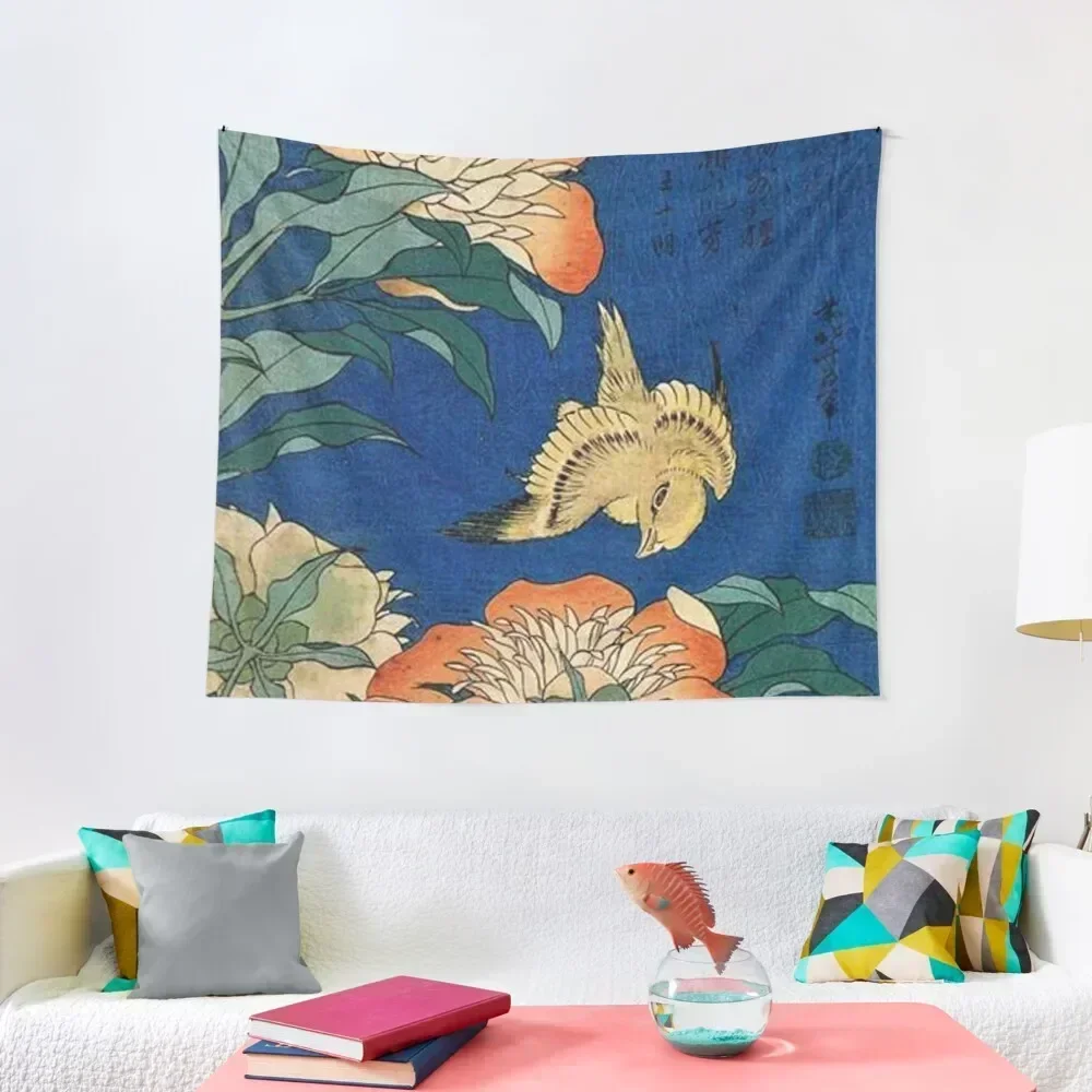 

Canary & Peony - Japanese art by Katsushika Hokusai Tapestry Home Decorators Kawaii Room Decor Funny Custom Tapestry