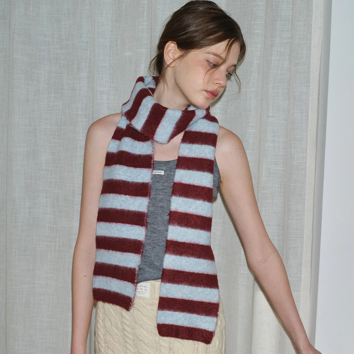 Winter Faux Sand Stripe Ladies Scarf Classic Y2K Korean Style Sweet Knitted Wool Shawl Thickened Warm Outdoor Shopping Scarf