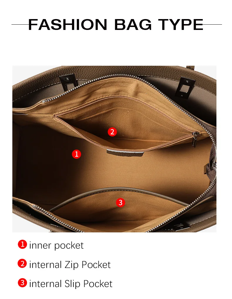 Multi-Pocket-Tasche aus Rindsleder mit großem Fassungsvermögen, minimalistische Damen-Umhängetasche mit Litschi-Textur für Büro, Arbeit, Reisen – Detail 5