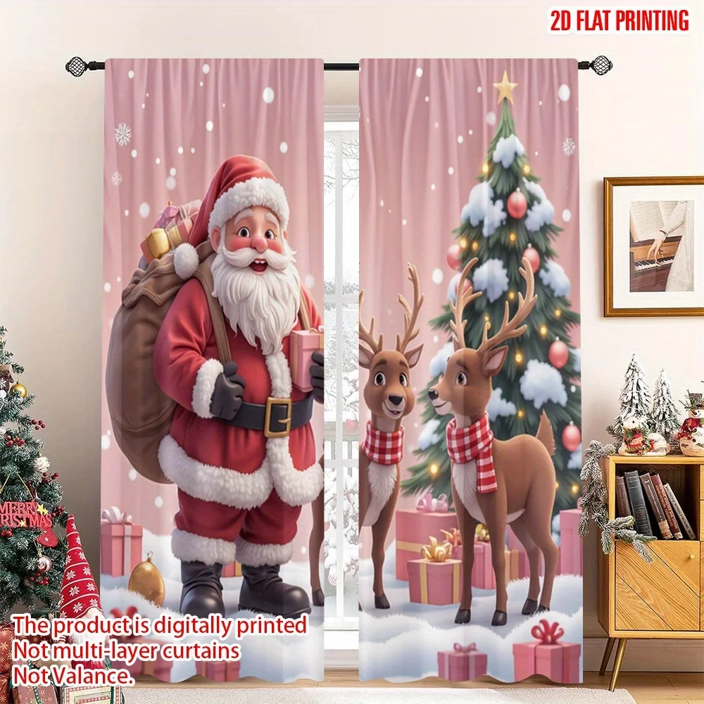 Santa Claus Curtain, Christmas Reindeer Window Drape, Festive Holiday Blackout Panel, Kids Room Living Room Home Decor