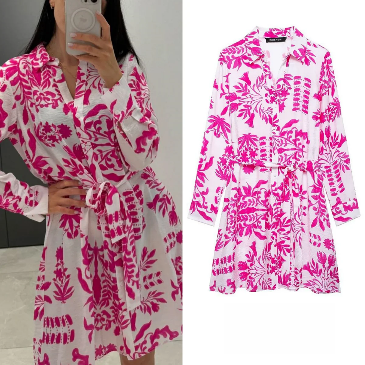 

TRAF Women's Mini Shirt Dress Vintage Print V Neck Long Sleeve Belt Bow Women's Elegant Streetwear Dress Clothing 2024 Summer