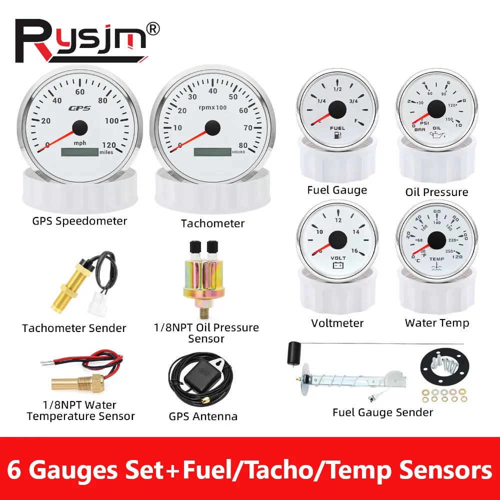 

110mm Gauge+52mm Gauges 6 Gauge Set With Sensors 120MPH GPS Speedometer 8000rpm Tachometer Voltmeter Temp Press Fuel 240-33ohm