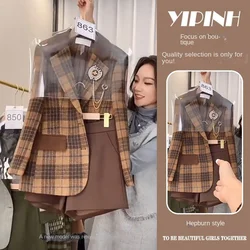 Autumn and Winter 2022 New Vintage Plaid Suit Outfit Women Hepburn Temperament Slim Shorts Two Piece Set