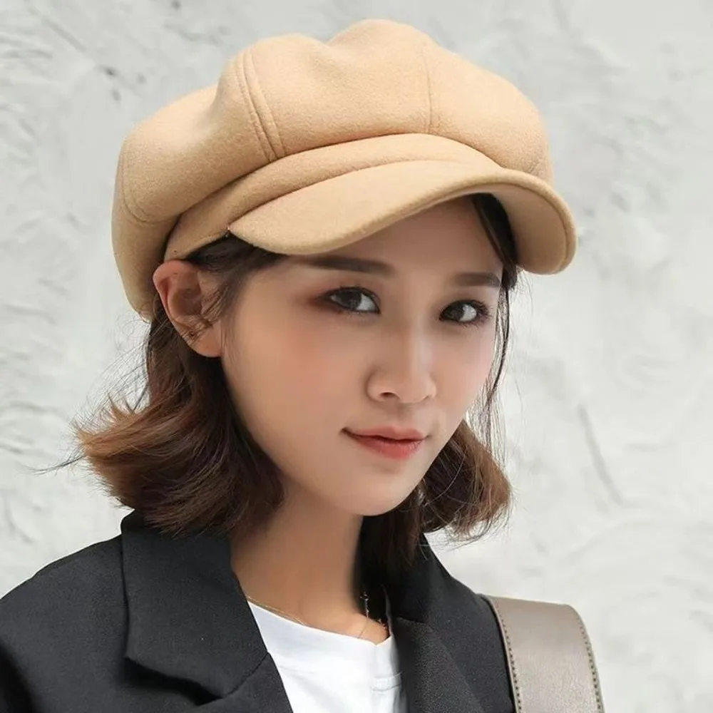 

Casual Solid Color Woolen Octagonal Hat Thick Ear Protection British Berets Korean Style Keep Warm Painter Caps Girl