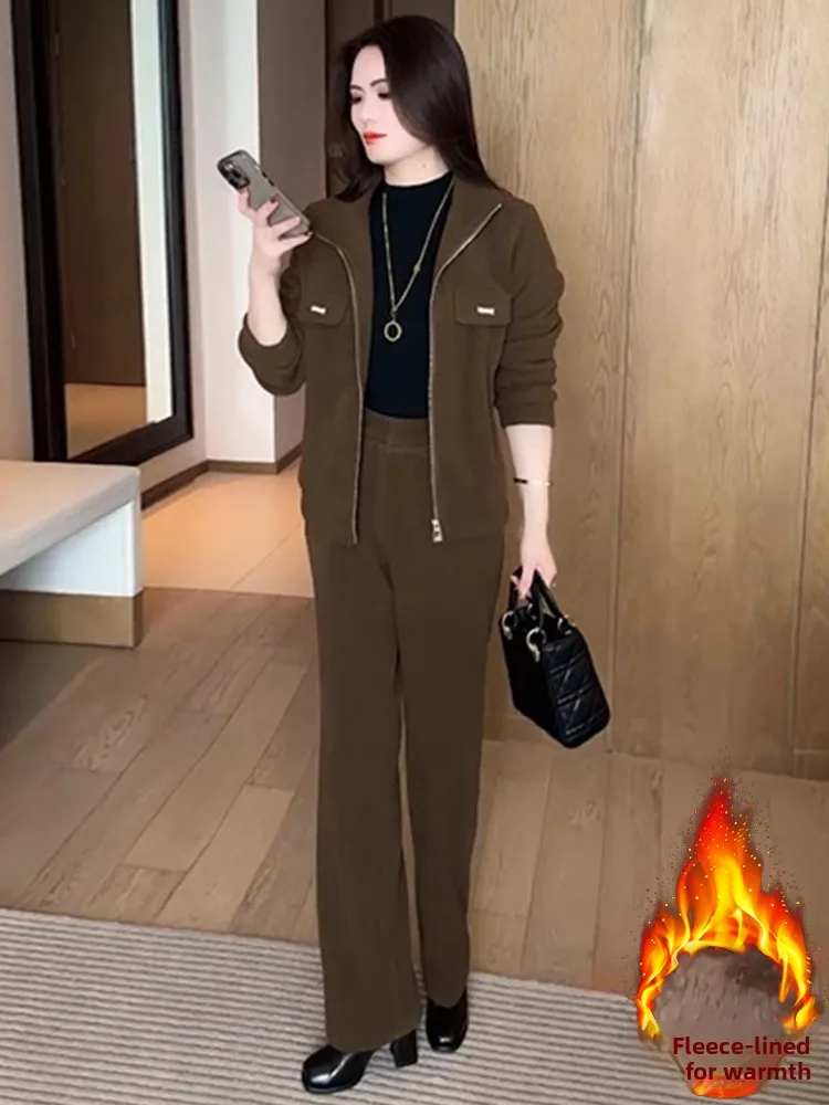 Damski zestaw sportowy Thiened Fce, modny, zimowy, nowy model, dwuczęściowy komplet, długi rękaw, zapinany na zamek, włókno poliestrowe.