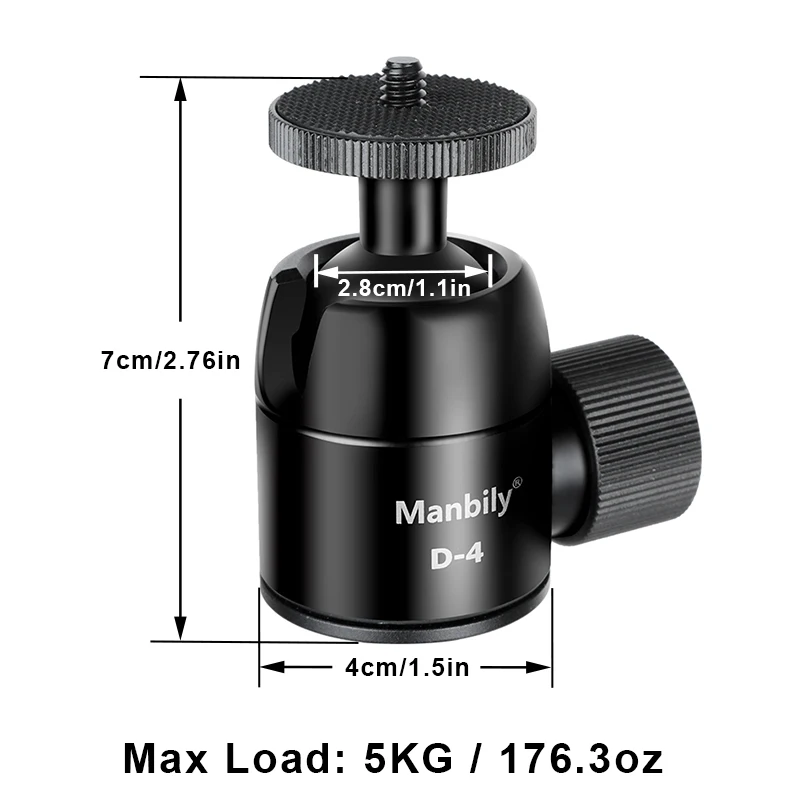 Manbily 28mm Cabeça esférica para câmera de alumínio 360 graus Max. 5kg/11 libras com ranhura em U com adaptador de parafuso de tripé para bastão de selfie