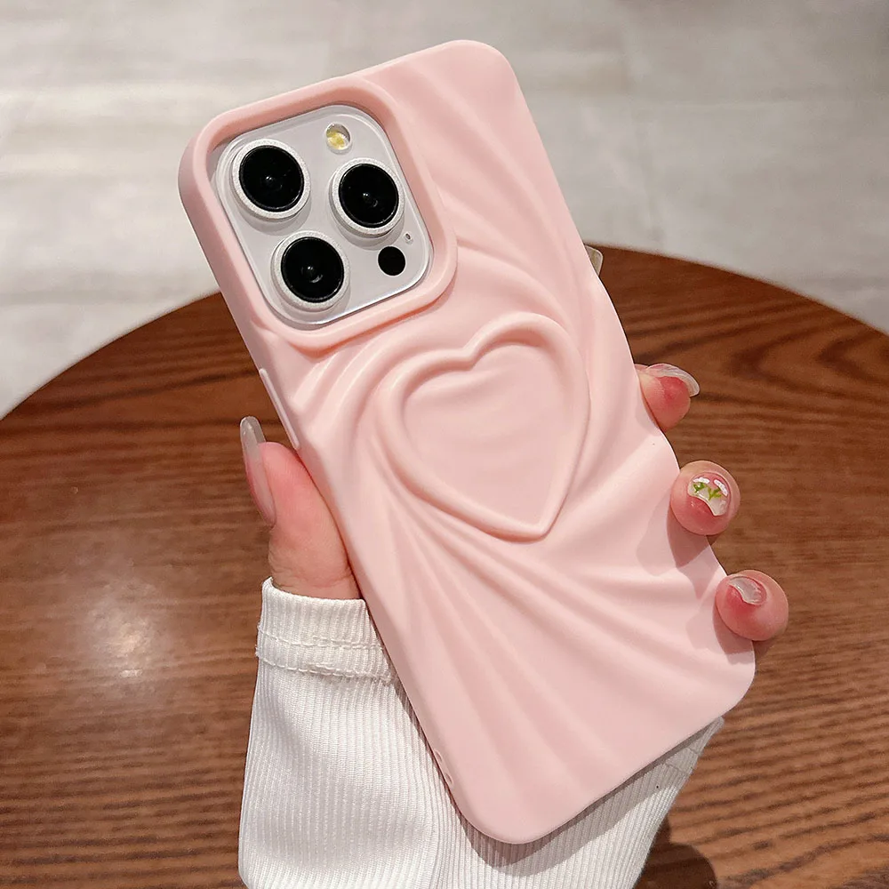 Luxury Candy Color 3D Pleated Love Heart Phone Case For iPhone 12 Pro Max 11 12 13 14 15 Pro Max Pink Wrinkle Shockproof Cover