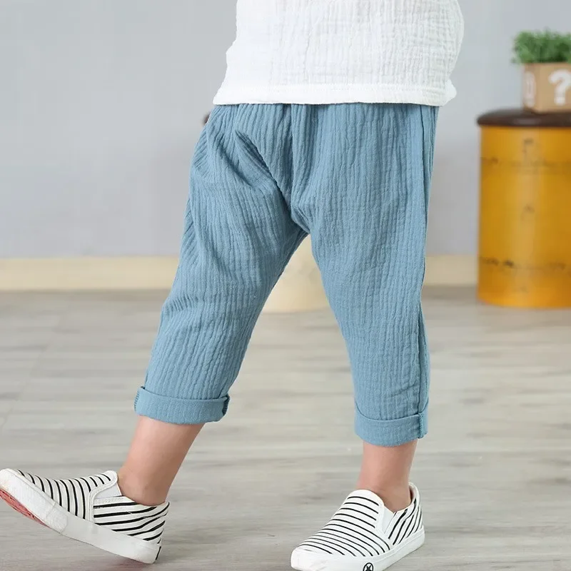 Kids Pants Boy Girl Summer Solid Color Linen Pleated Trousers Children Ankle-length Pants for Baby Boys Pants Casual Harem Pants