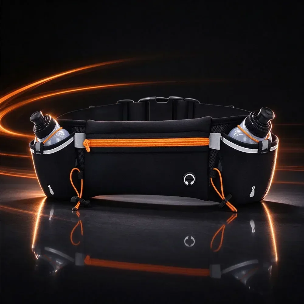 Sports Running Hydration Fanny Pack Belt, Dual Bottle Pockets, Race Bib Fixing Strap, Waterproof Waist Bag Fits 7