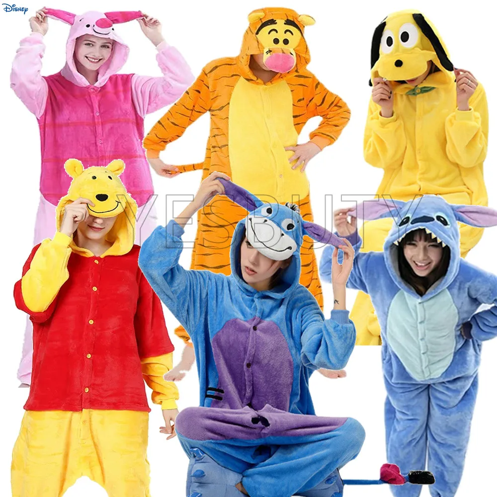 Stitch Pluto Bear Tiger Onesies Kigurumi Animal Piglet Tigger Pajamas Unisex Adults Hooded Jumpsuits  Sleepwear Anime Party