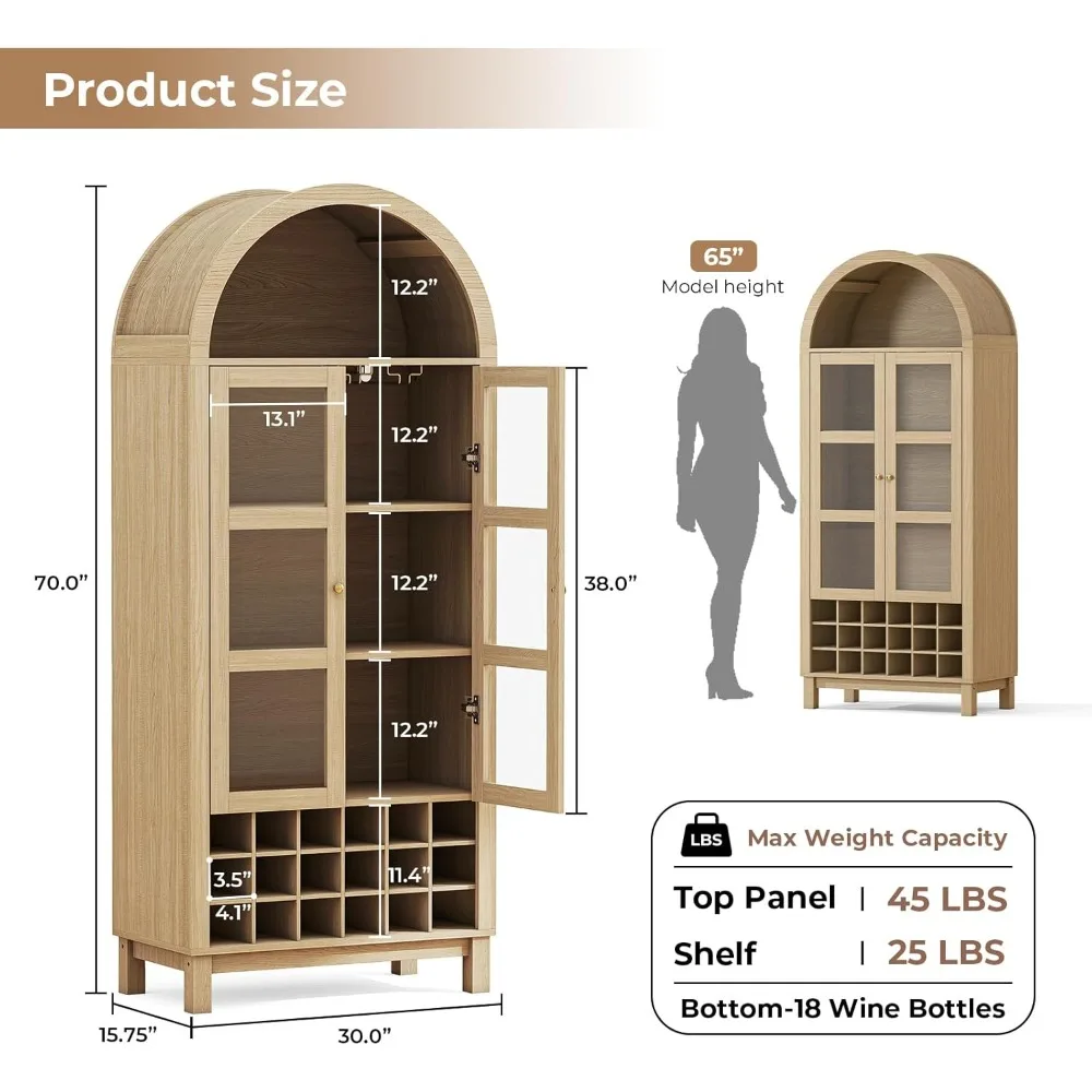 Lemari Anggur dengan Pintu Kaca Melengkung Tinggi, Penyimpanan Bar Kopi Bergaya Rustic dengan Rak Anggur, Rak Penyimpanan Minuman Keras Besar