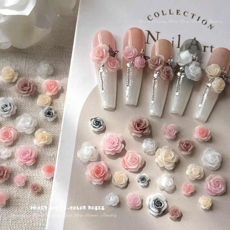 50PCS 3D Mix Sizes Beautiful Blossoming Rose Flowers Resin Adhesive Nail Art Rhinestones Decorations Manicure Kawaii Charms