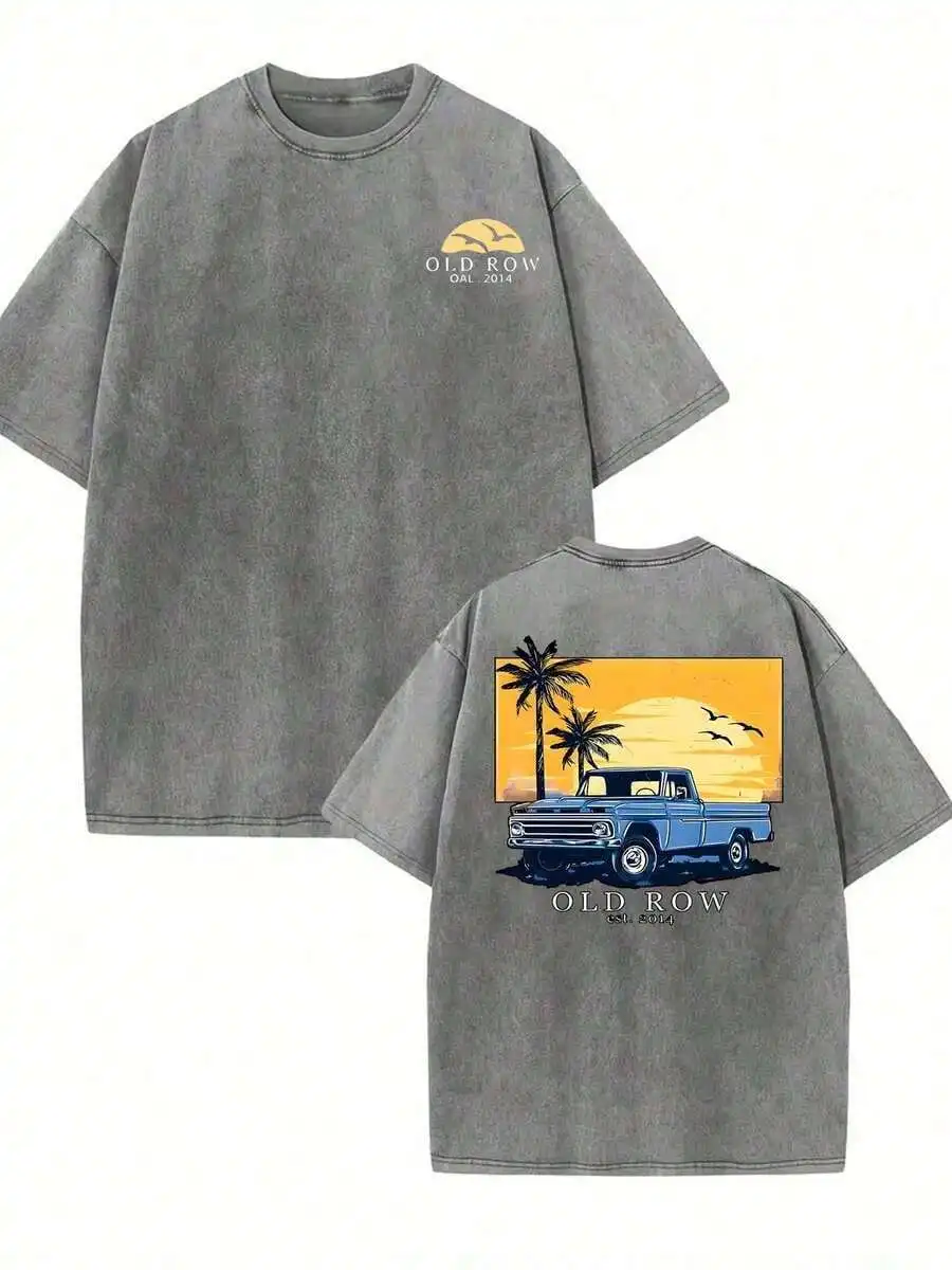 

Retro Vintage Car Palm Tree Sunset Print Cotton Tee Mens Loose Casual Short Sleeve T-Shirt