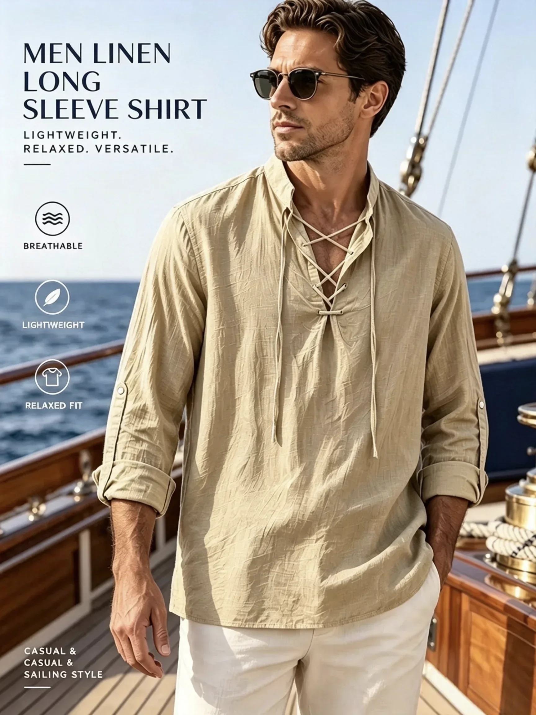 Men Cotton Shirt Chest Lace Up Rollable Sleeve Vintage Medieval Pirate Renaissance Viking Casual Top