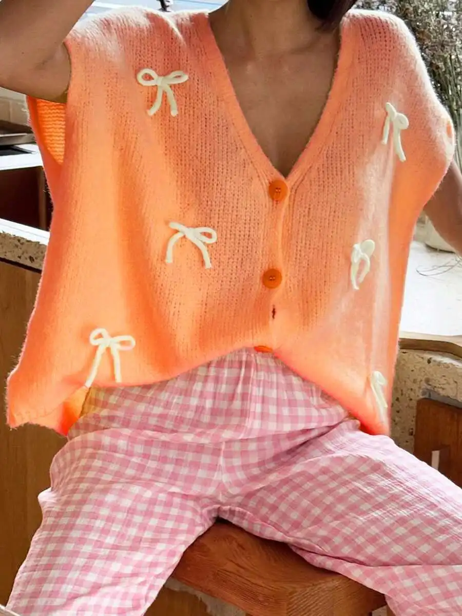 

Women Summer Loose V-Neck Bow Trim Knit Cardigan Short Sleeve Casual Sweater Vest