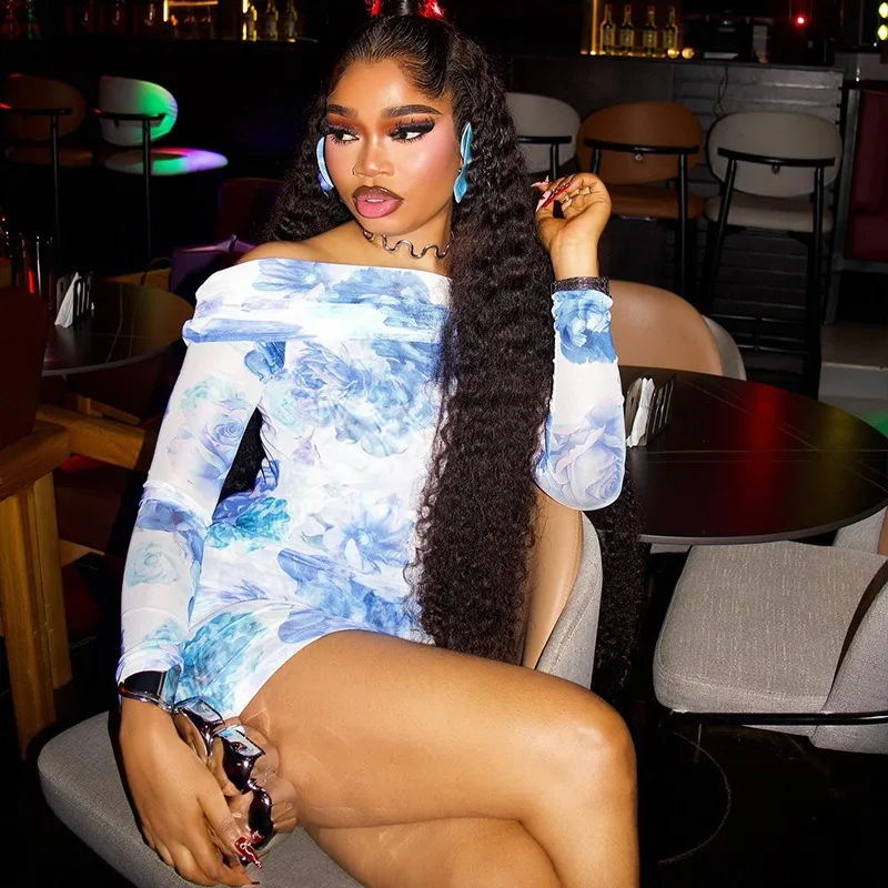 Women's Floral Print Off Shoulder Strapless Slash Neck Long Raglan Sleeve Gauze Spliced Waistband Hips Wrapped Mini Dress