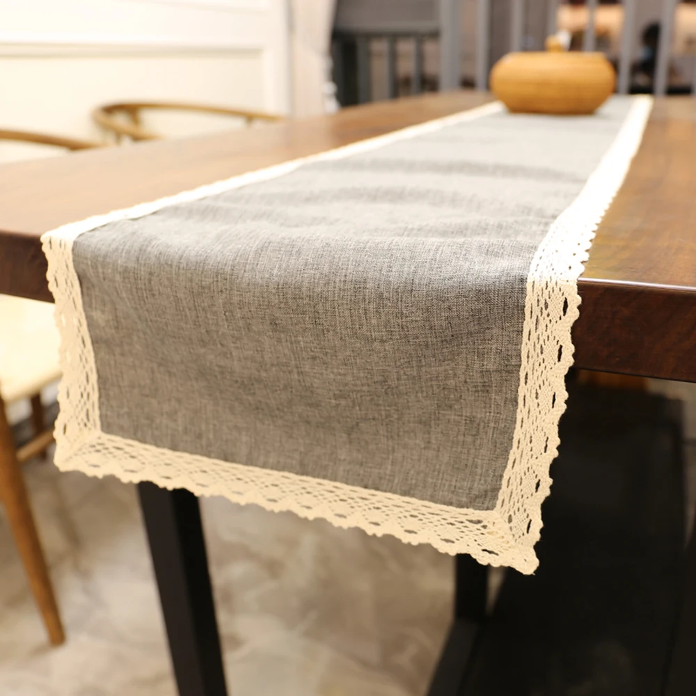 Table Runners Lace Vintage Table Decoration Household Gray Khaki Color Natural Jute Linen Table Runner with Cotton Lace Border