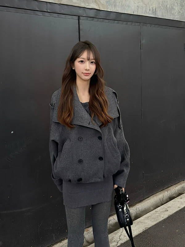 Ele ort Woolen Coat Women's Stand Collar Camere Suit Korean Sle Winter Faion Outerwear Warm Thiened Polyester L...