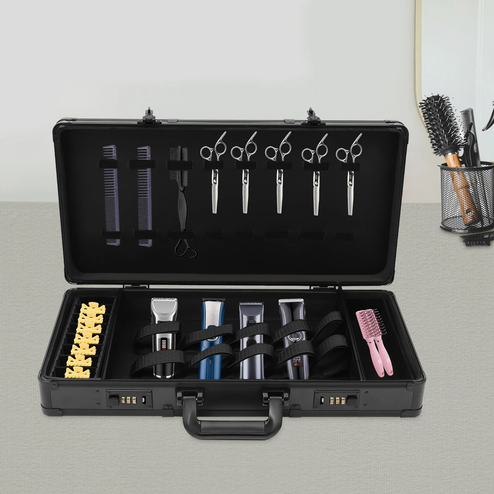 

Large Barber Carrying Case with Code Lock, Hairdresser Tool Box Organizer Traveling Case, Portable Travel Barber Suitcase
