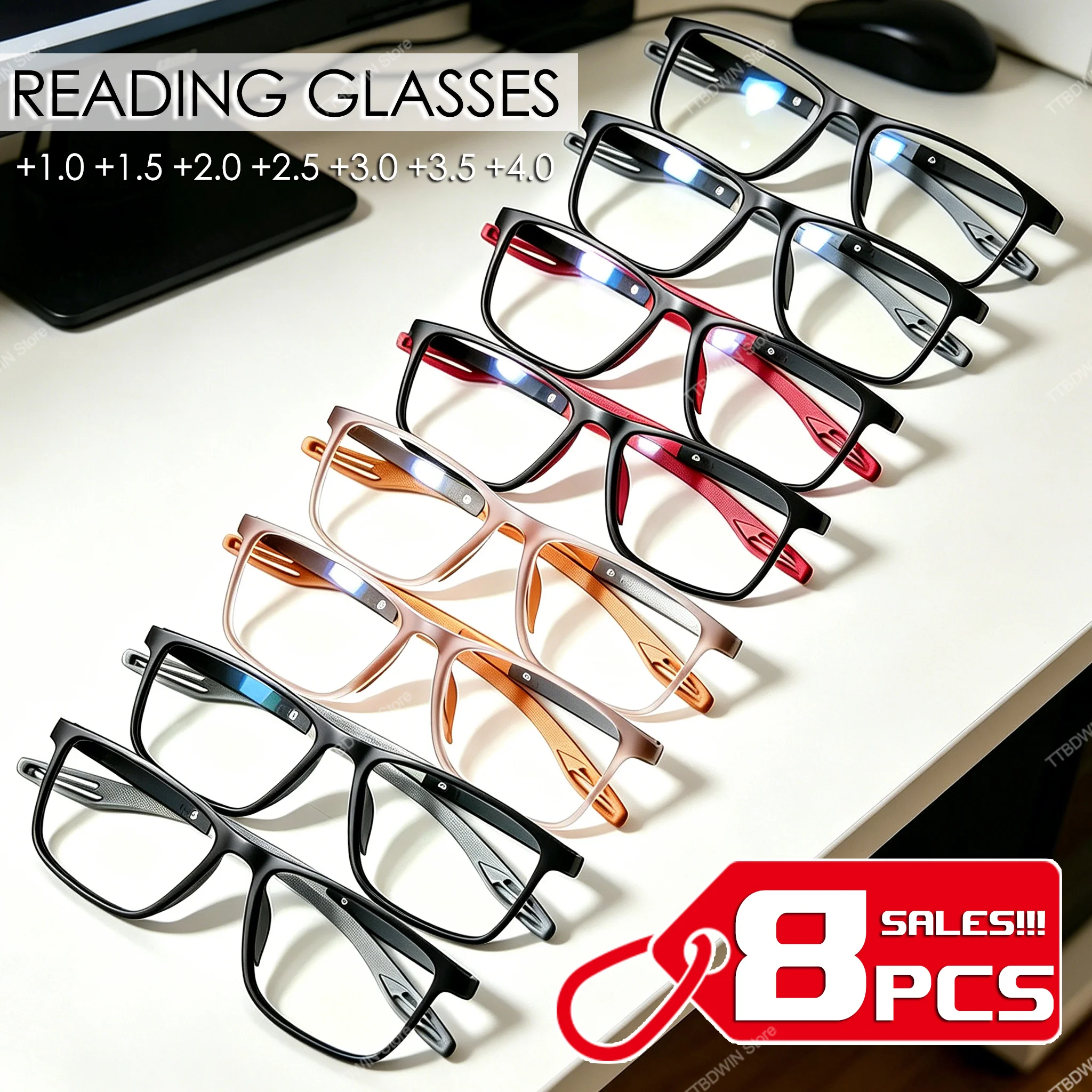 8Pcs Rectangle Simple Reading Glasses +1.0 To 4.0 Sport Non-Slip Presbyopia Eyeglasses Middle-Aged Elderly Unisex Wholesale