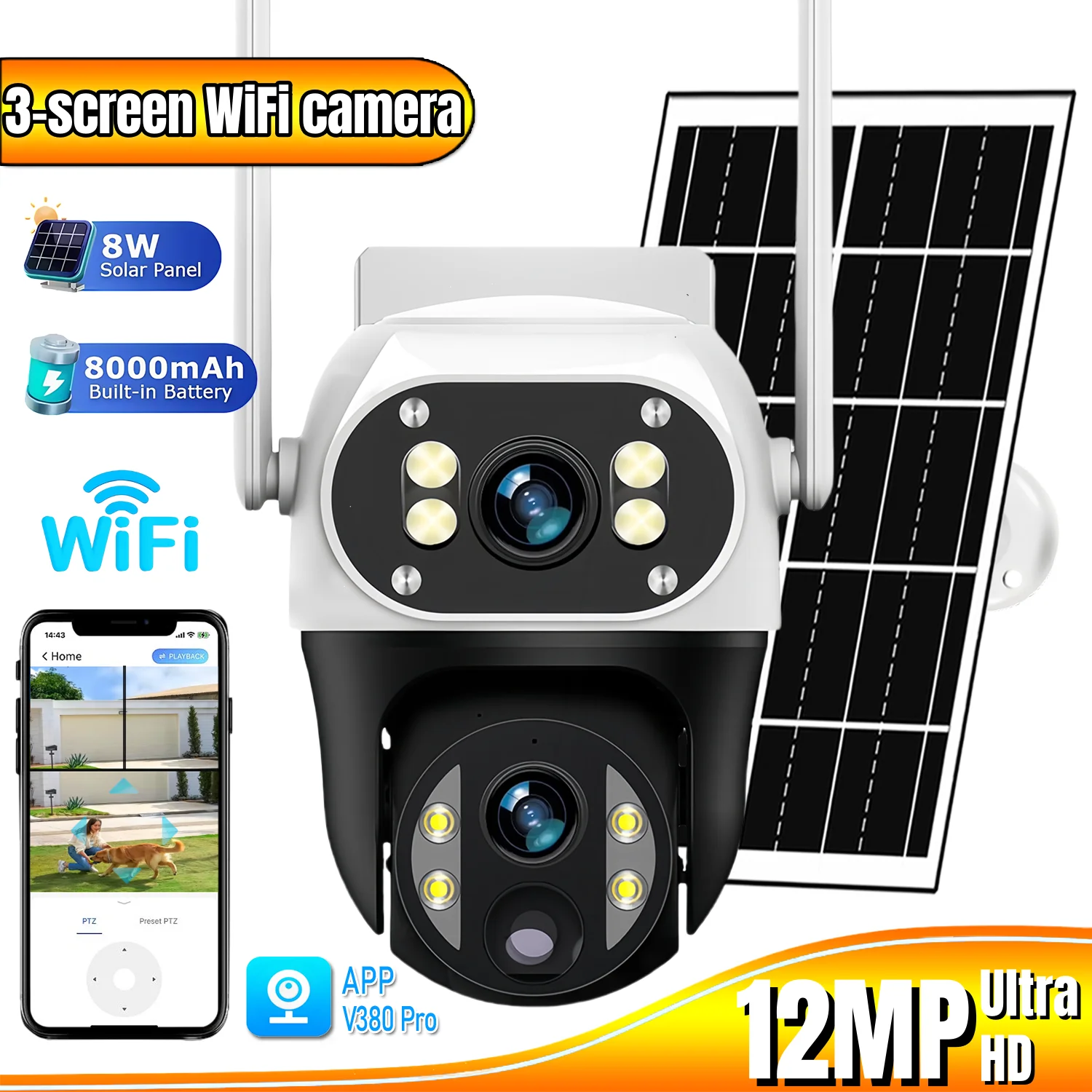 

12-мегапиксельная Wi-Fi солнечная камера с двумя объективами и тремя экранами, беспроводное наружное наблюдение, обнаружение человека, защита безопасности, PTZ IP-камеры V380