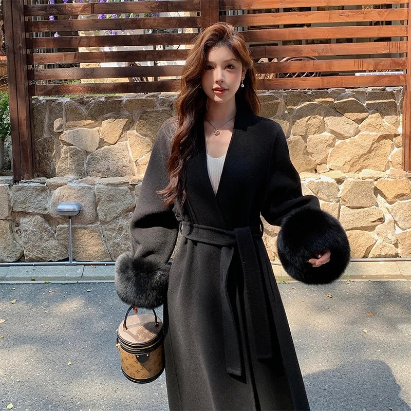 An Yimelade autumn and winter new style temperament double-sided cashmere coat women's medium long fox fur woolen coat