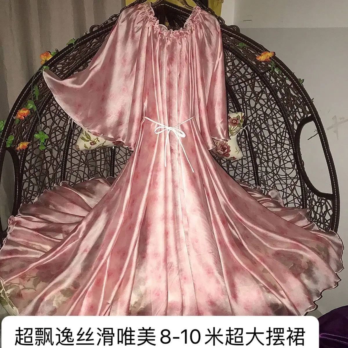 

Glossy Women Ruffles Satin Long Sleeve Dress Loose Maxi Dress Plus Size Sleeping Pajamas Robe