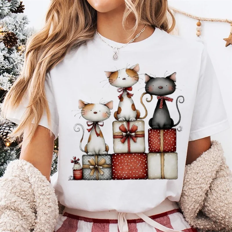 Camiseta con estampado de gato y bonito, nueva camiseta a la moda, ropa estampada de manga corta, Top de Navidad con dibujos animados a la moda para mujer