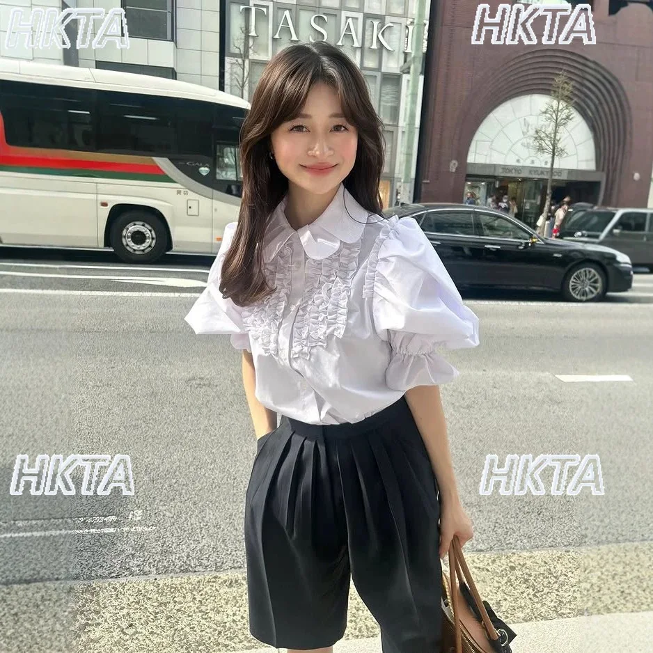 Chemise blanche à manches courtes pour femmes japonaises, col de poupée, poitrine, bord champignon, bulle, hauts pour les déplacements, chemisiers Lolita amples, automne