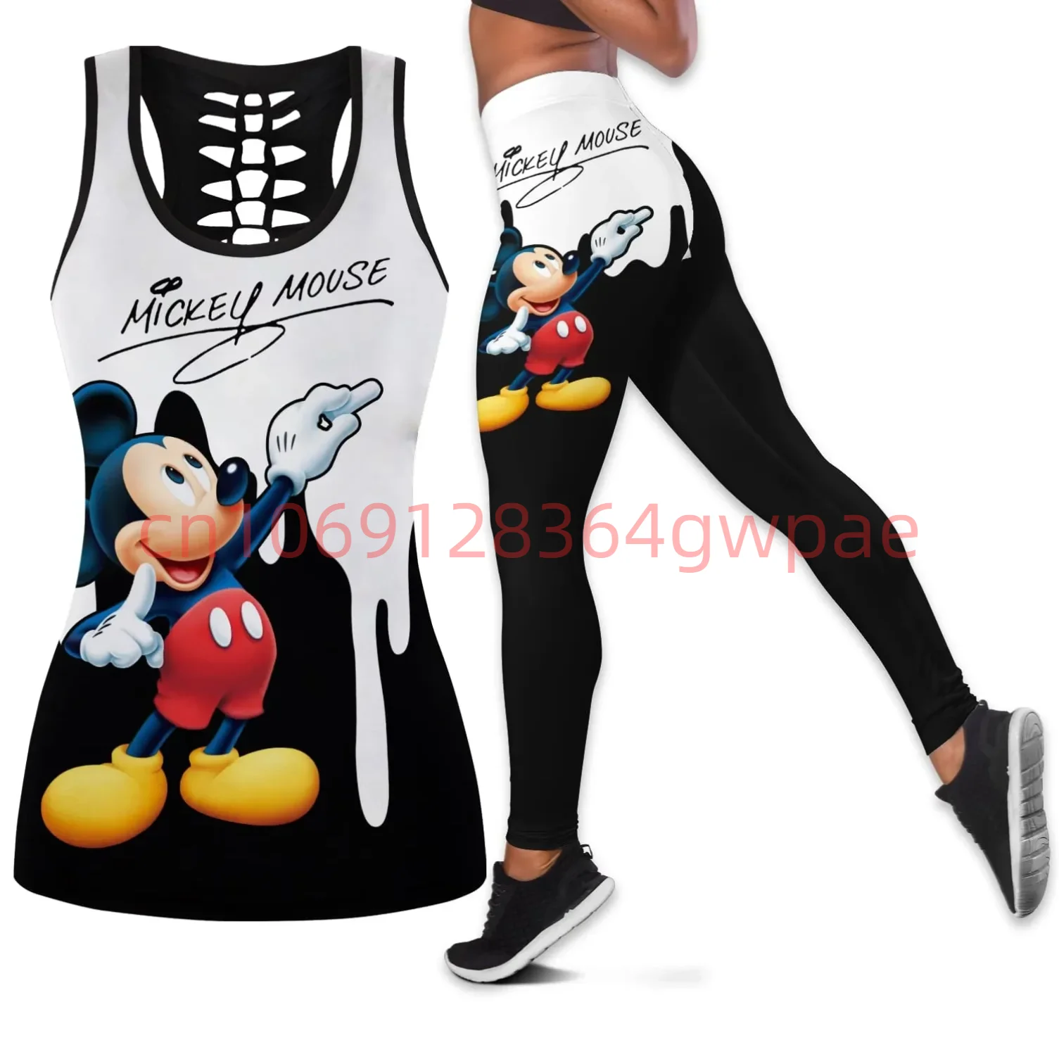 Mickey Mouse Women\'s Cutout Tank Top Leggings Yoga Set Summer Fitness Leggings Tracksuit Disney Hollow Tank Top Leggings Set