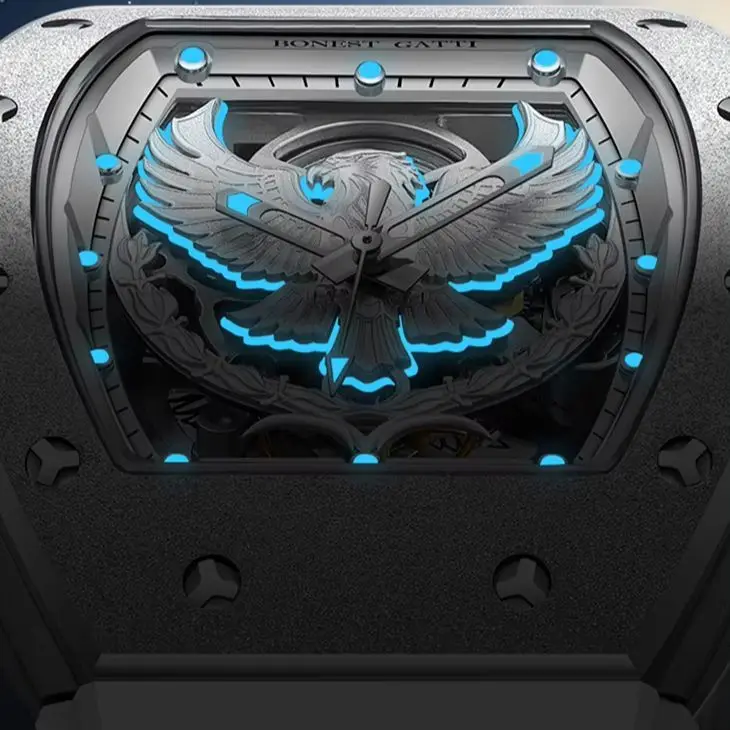 BONEST GATTI ساعة أوتوماتيكية للرجال 50 مللي متر Tonneau ساعة اليد الميكانيكية الياقوت مضيئة الهيكل العظمي النسر الهاتفي حزام مطاط الفلور