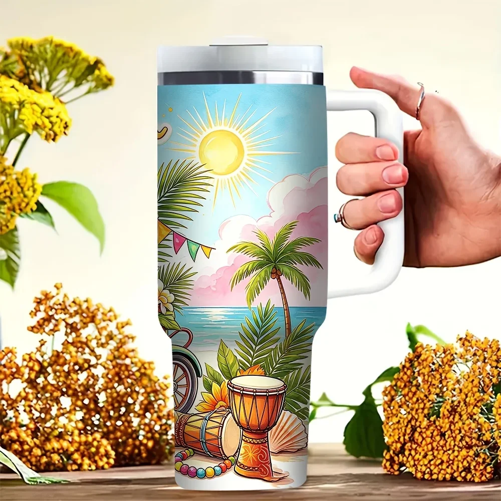 40Oz Tumbler with Handle, Summer Vibes Tropical Beach Patterned Tumbler, Suitable for All People, Fits Both Hot And Cold Drinks, Ideal for Daily Use And Outdoor Activities in Summer