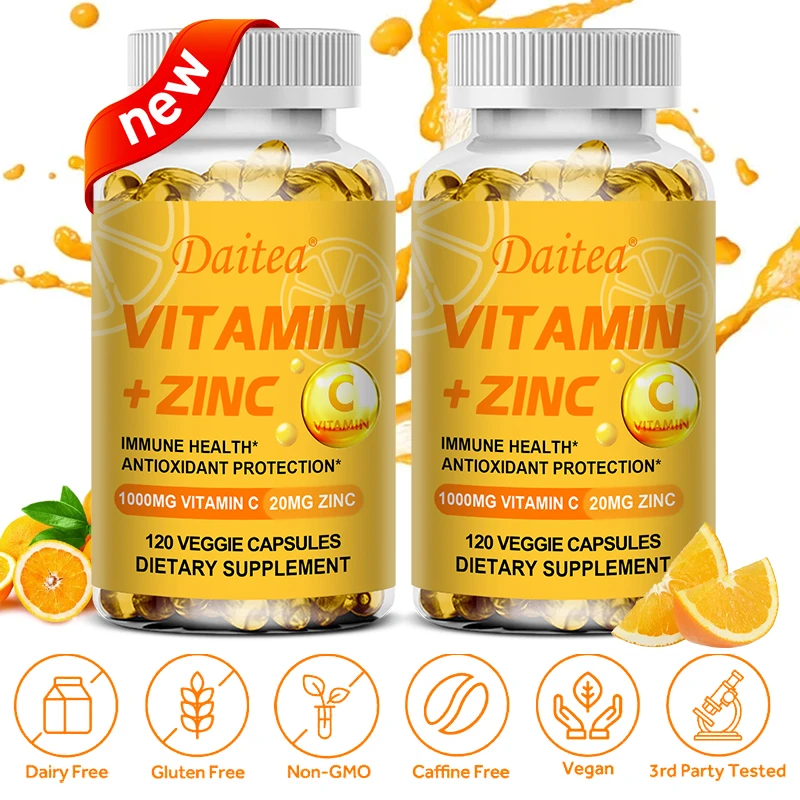 

Vitamin C 1000mg + Zinc 20mg + Vitamin D3 5000 IU, High Absorption, Antioxidant & Immune System Support, Collagen Booster
