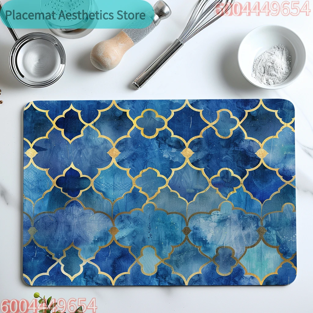 Saugfähige Matte Marokkanisches Blau Aquarell mit Goldrand Küchen-Antirutsch-Trockenmatte Schnelltrocknende Badezimmer-Abtropfmatte Geschirrmatte