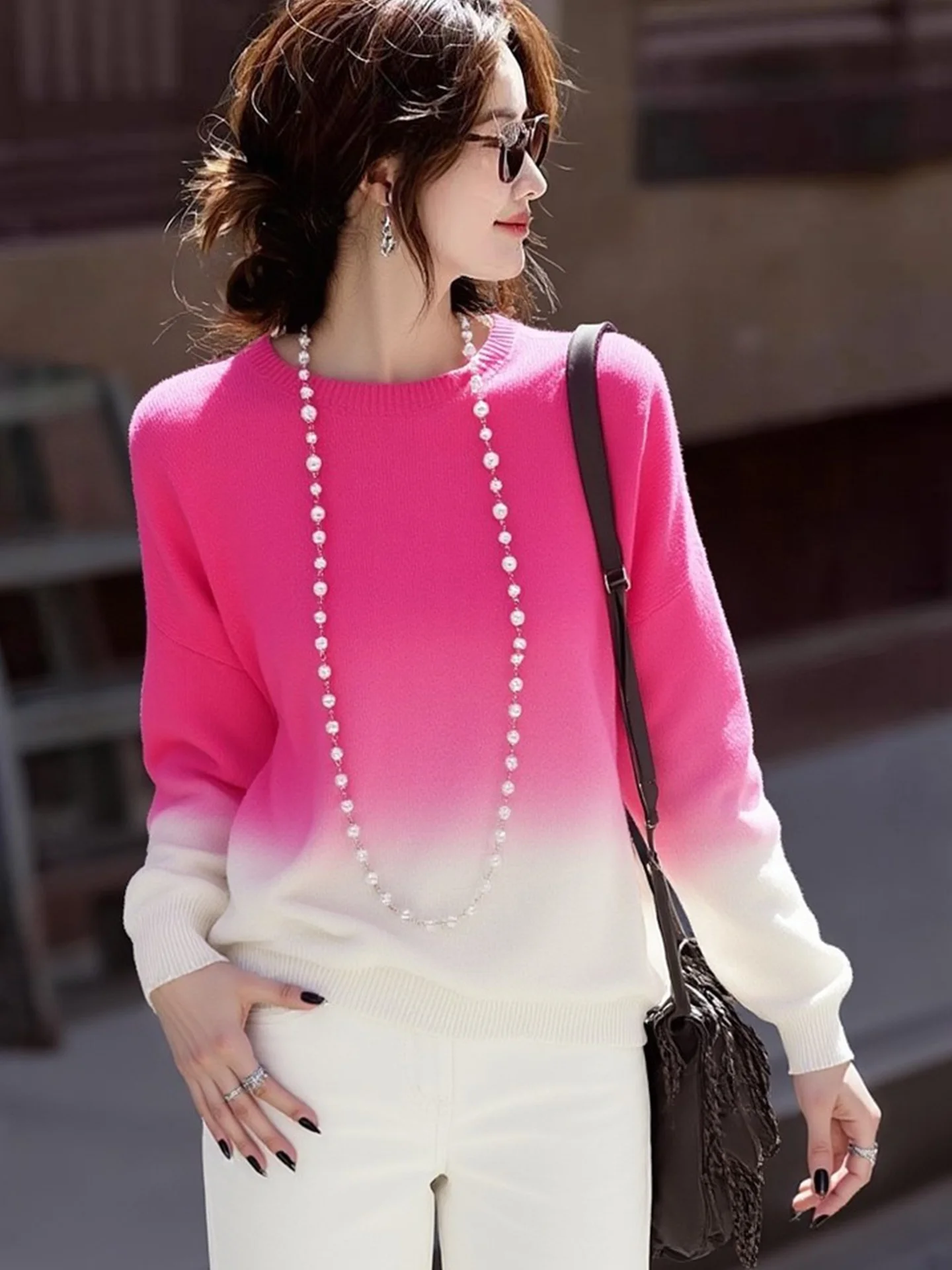 Chic Gradient Color Design Knitted Sweater round Neck Long Sleeve Soft Casual Fashionable Women's Spring Autumn Comfortable K...