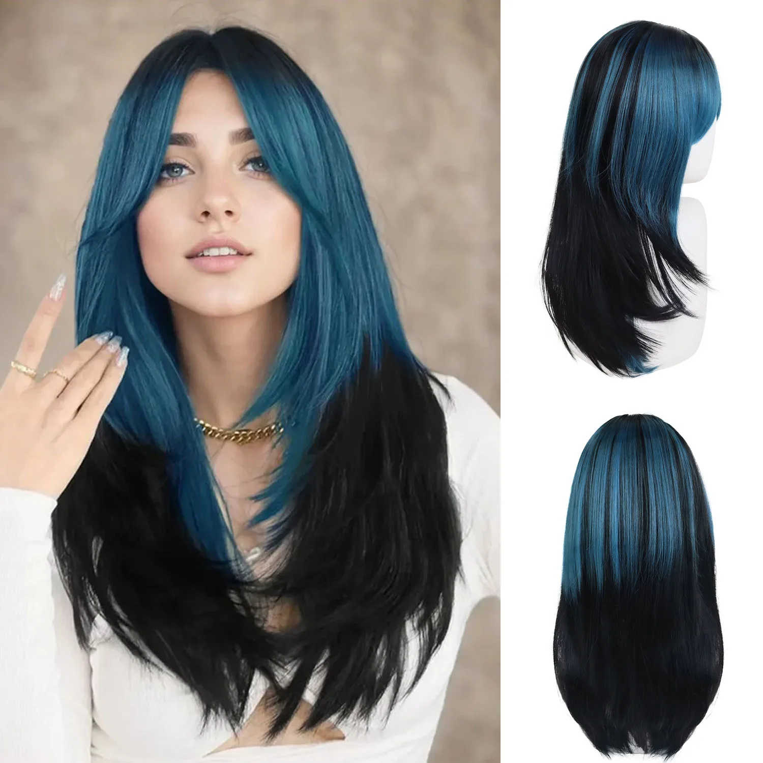 

Women Girl Fashion Synthetic Full Wigs Long Straight Blue and Black Wig with Bangs Natural Looking Daily Party Halloween Cosplay