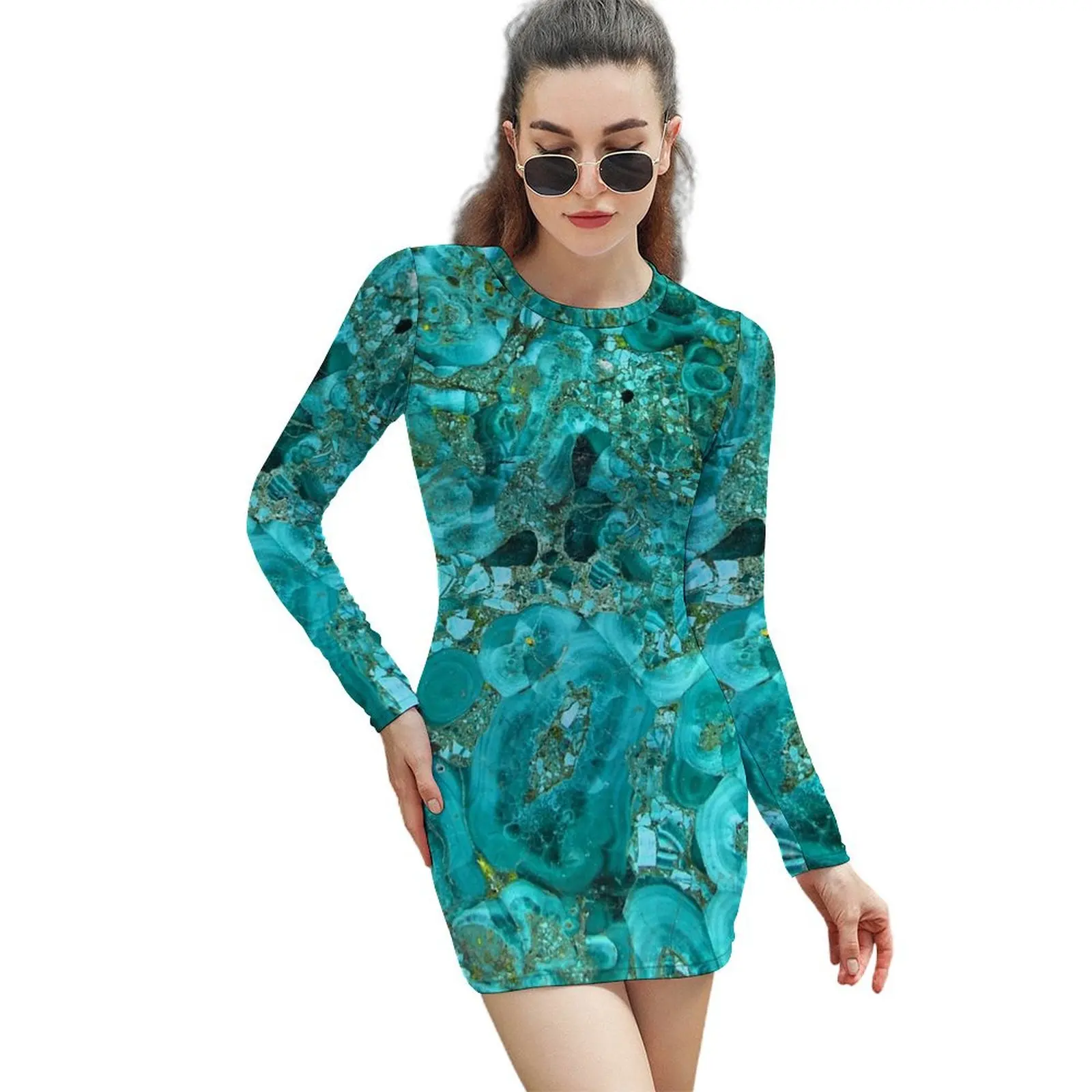 

Marble Turquoise Blue Gold Long-Sleeved Sheath Dress dress summer women's elegant loose dresses