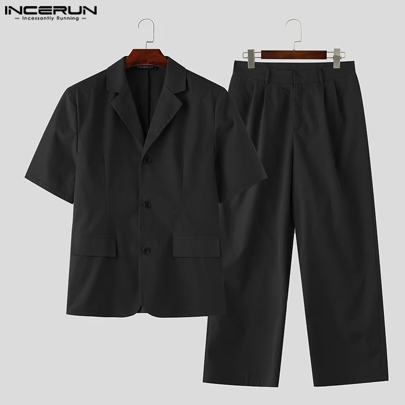 INCERUN 2024 Korean Style New Men Sets Short Sleeved Suit Jackets Long Pants Stylish Simple Male Suit Collar Suit 2 Pieces S-5XL