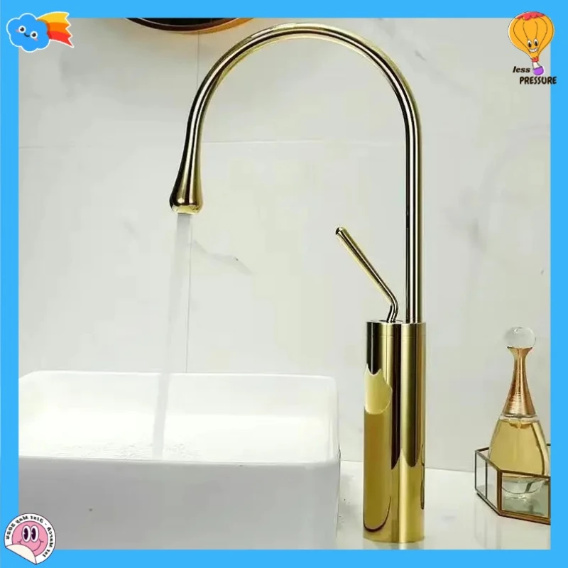 

Golden Swan Neck Faucet, High Arc Deck Mount Tap for Bathroom Vanity & Kitchen Island, Cold & Hot Water Mixer