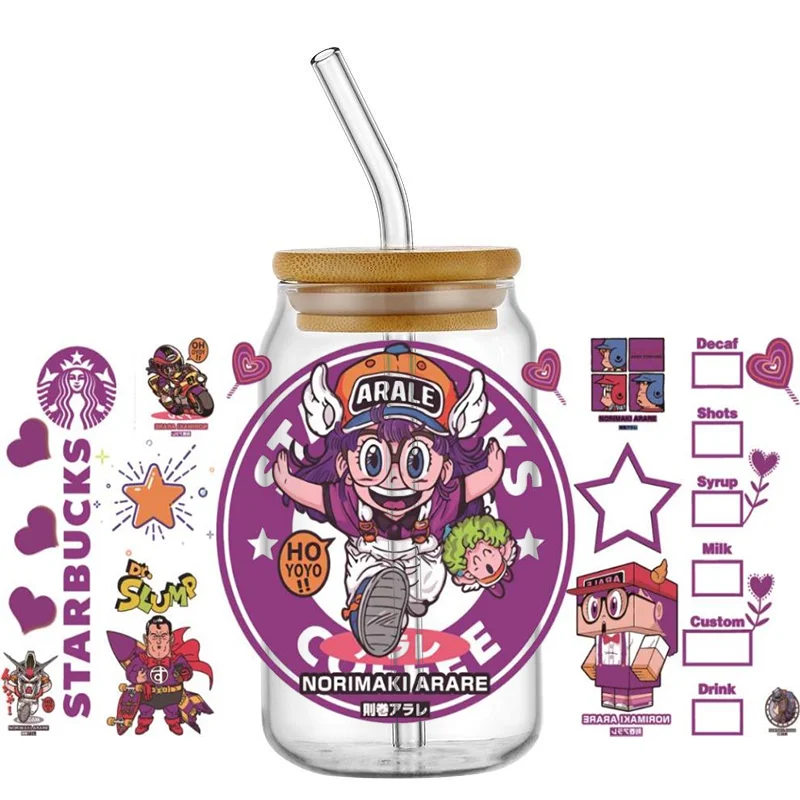 Miniso Dr. Slump Cute Girl 16OZ UV DTF Cup Wrap Transfer Sticker Custom Label DIY Waterproof Logo For Libbey Glass Can