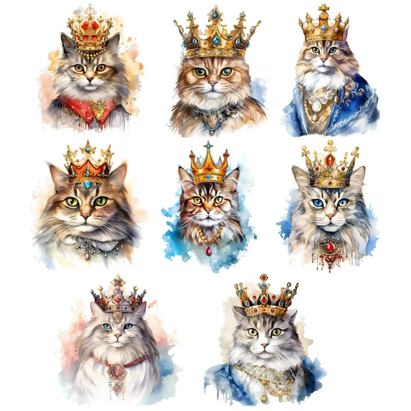 8 styles Cat King Cartoon Animal Iron On Patches For Clothes Jackets Appliques Kid Thermo Sticker On T-Shirt Vinyl Heat Transfer