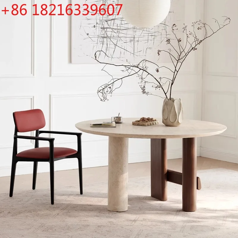 

Natural marble dining table round household modern simple white cave stone round dining table